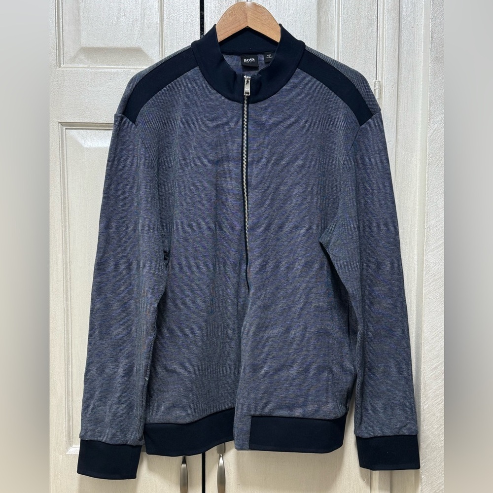 Hugo Boss Men's Heather Navy and Black Zip-Front Cardigan Sweater